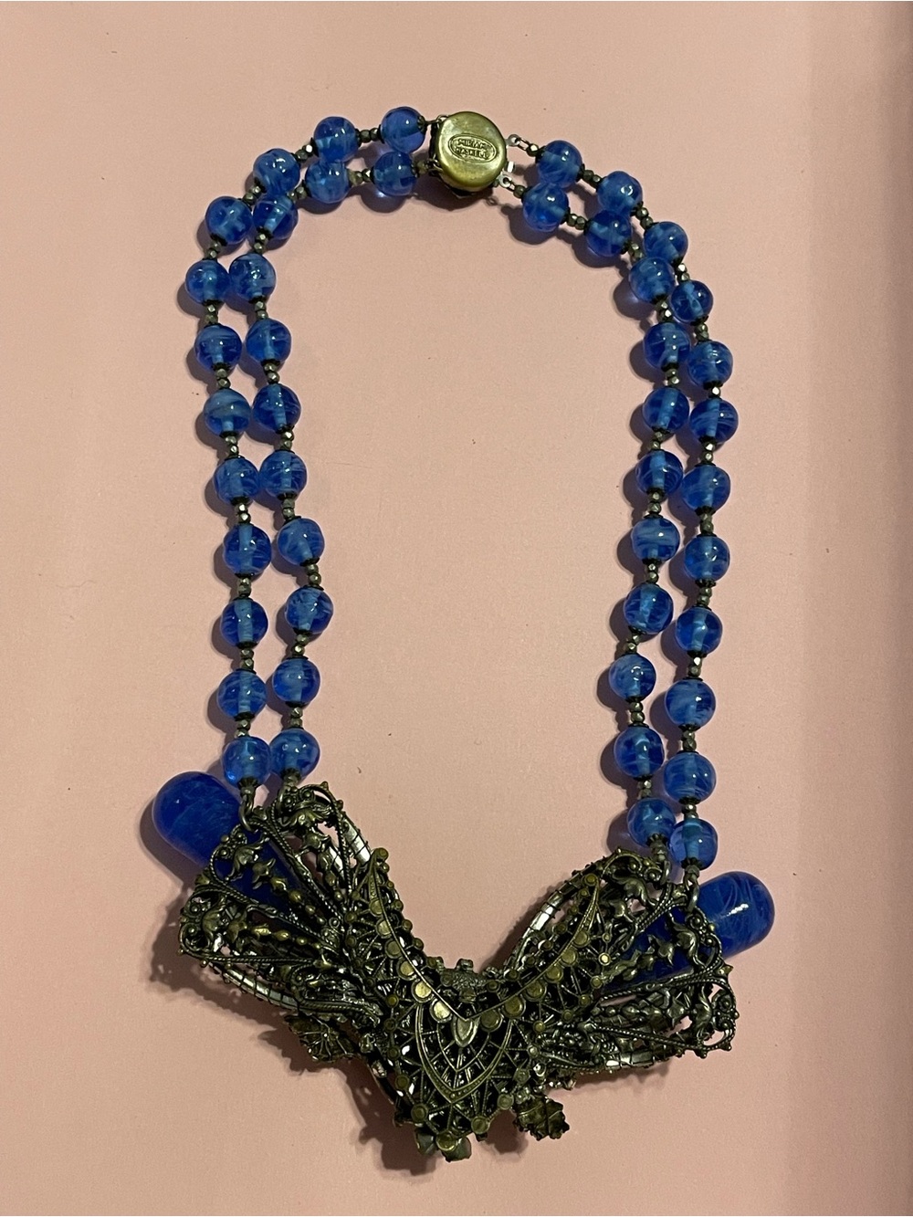 Vintage Ultra Rare Signed Miriam Haskell Cobalt Bead Rhinestone Necklace - Picture 5 of 12